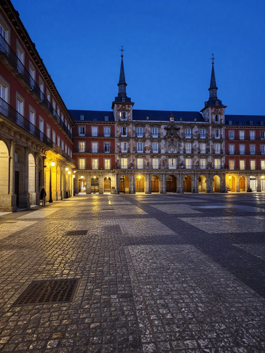 Evening Blue Hour Street Scene in Madrid Spain with Vintage Details in in Madrid, Spain