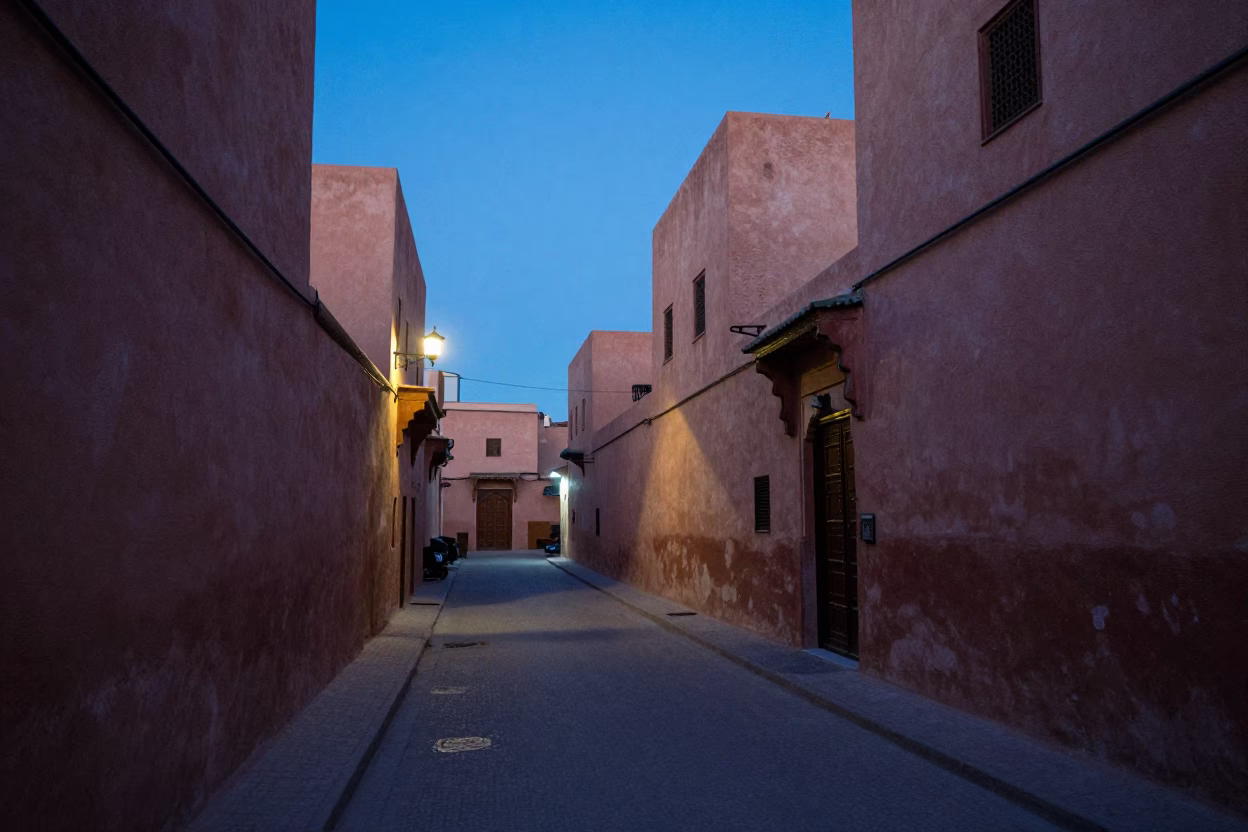 Evening Blue Hour Street Scene in Marrakech Morocco With Traditional Architecture And Local Life in in Marrakech, Morocco