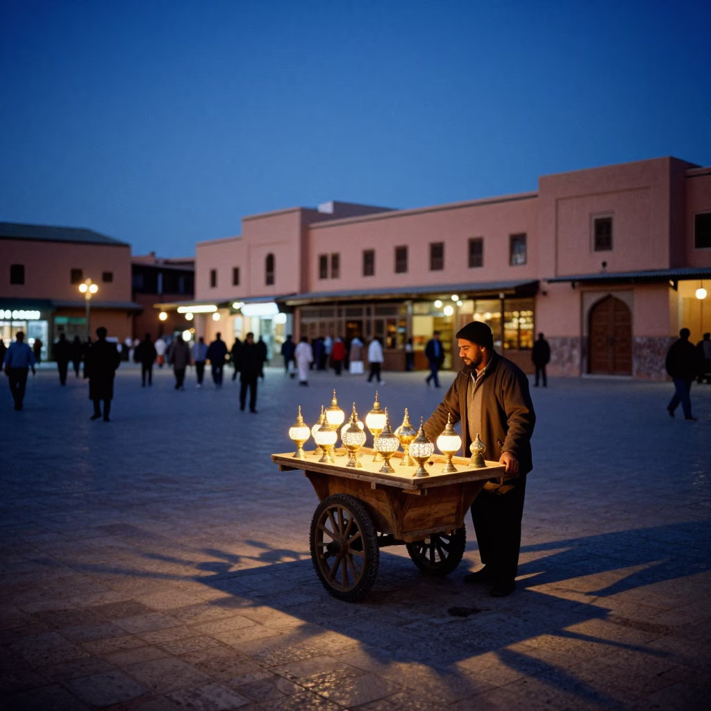 Evening Blue Hour Street Scene in Marrakech Morocco with Traditional Architecture in in Marrakech, Morocco
