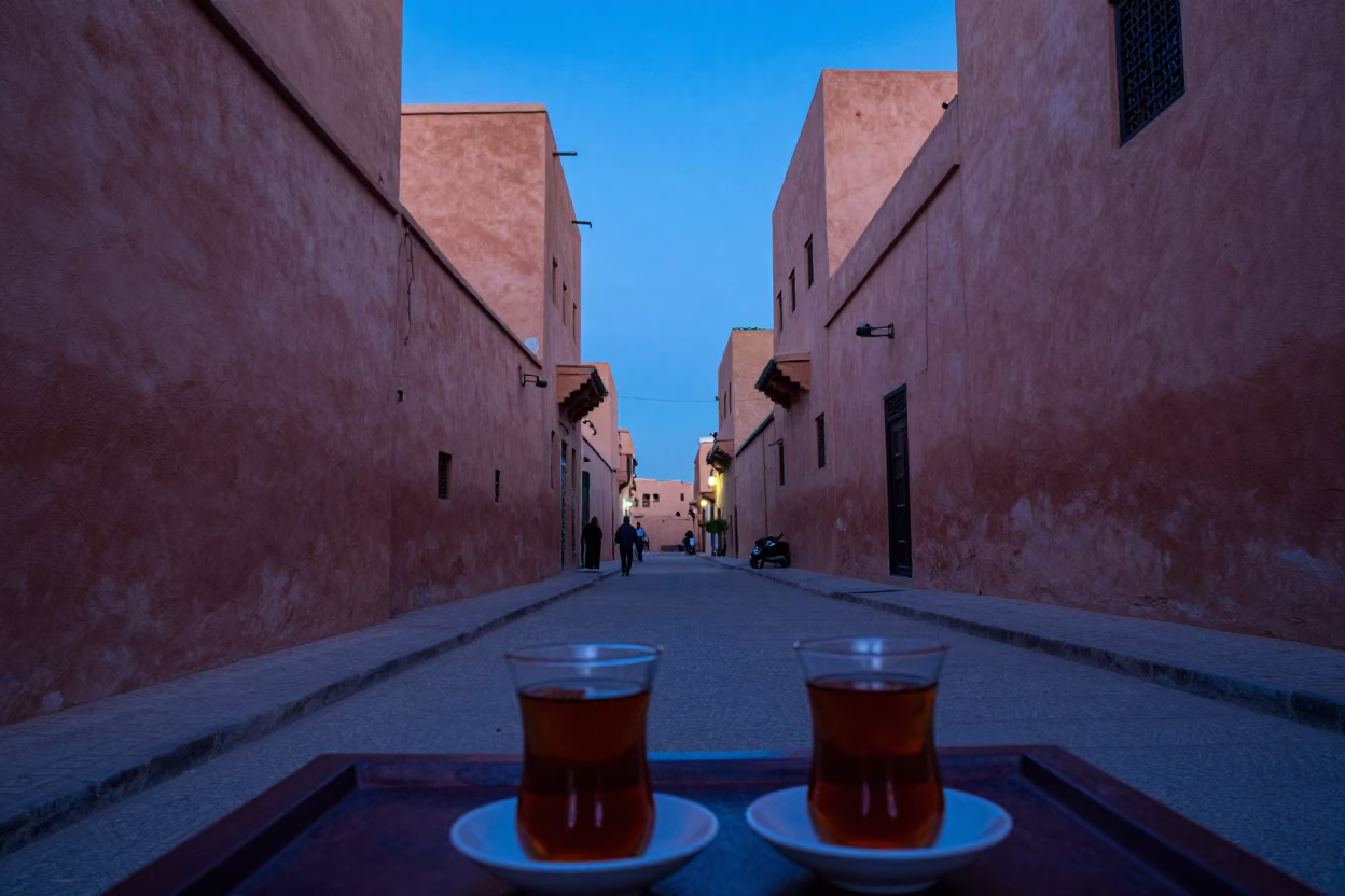 Evening Blue Hour Street Scene in Marrakech Morocco with Traditional Tea Service in in Marrakech, Morocco