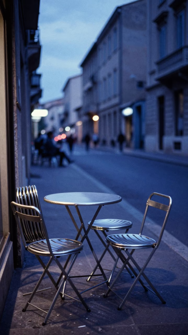 Evening Blue Hour Street Scene in Marseille France with Folded Folding Stools in in Marseille, France