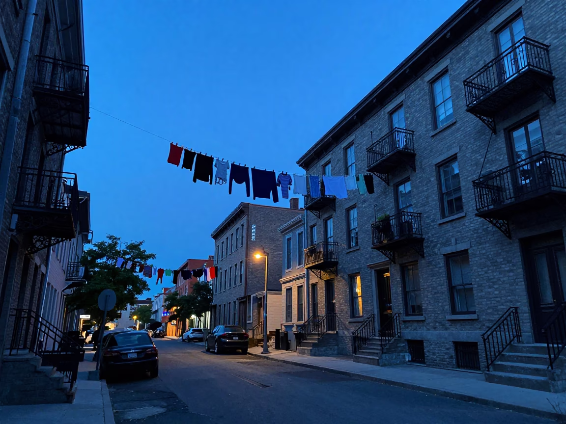 Evening Blue Hour Street Scene in Montreal Quebec with Clothesline and Urban Architecture in in Montreal, Quebec, Canada