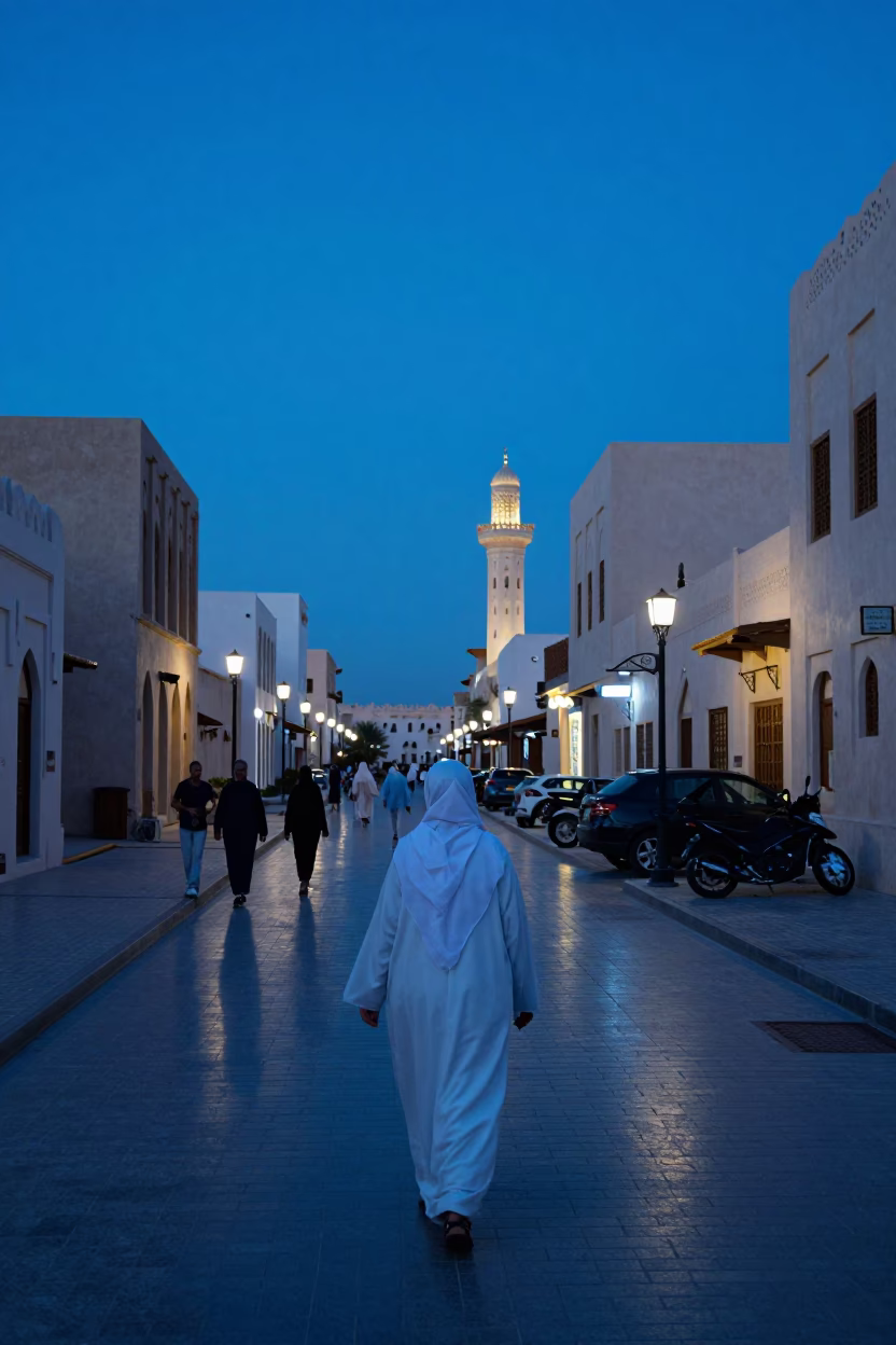 Evening Blue Hour Street Scene in Muscat Oman with Local Life Details in in Muscat, Oman