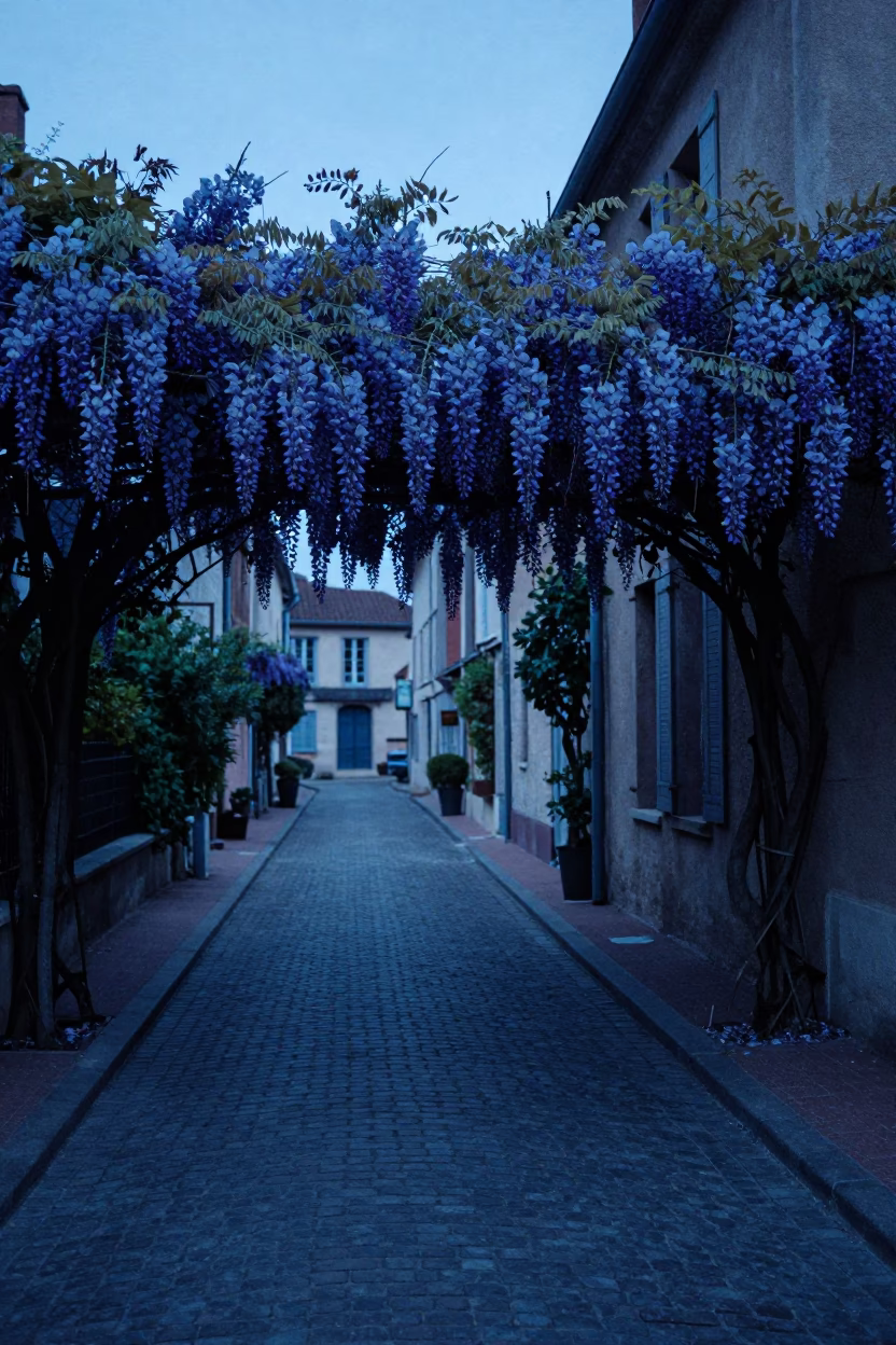 Evening Blue Hour Street Scene in Nice France with Wisteria and Local Dining in in Nice, France