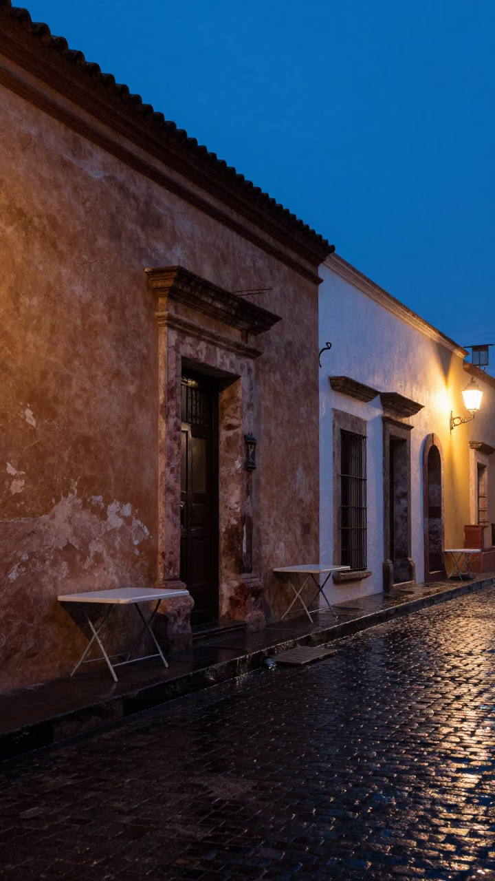 Evening Blue Hour Street Scene in Oaxaca Mexico with Folding Tables and Rainwater Puddles in in Oaxaca, Mexico