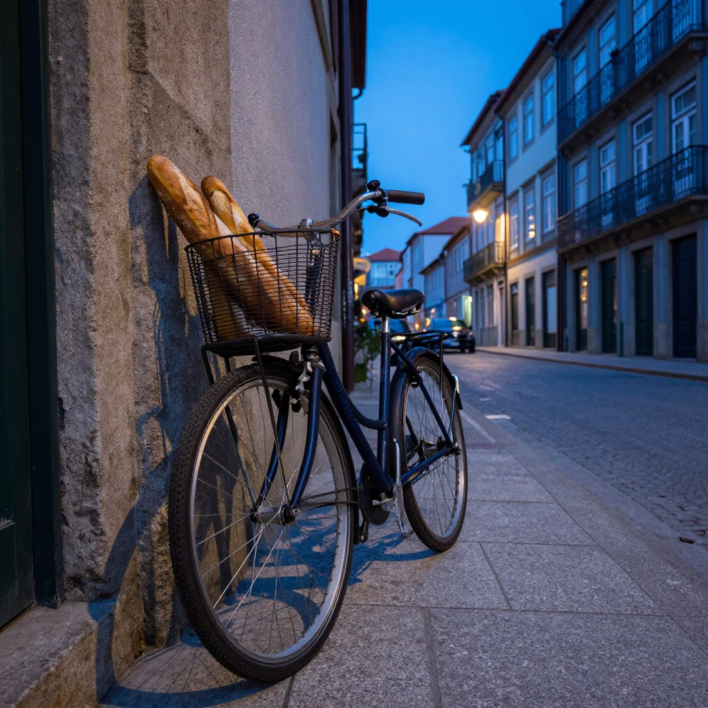 Evening Blue Hour Street Scene in Porto Portugal with Bicycle and Cobblestones in in Porto, Portugal