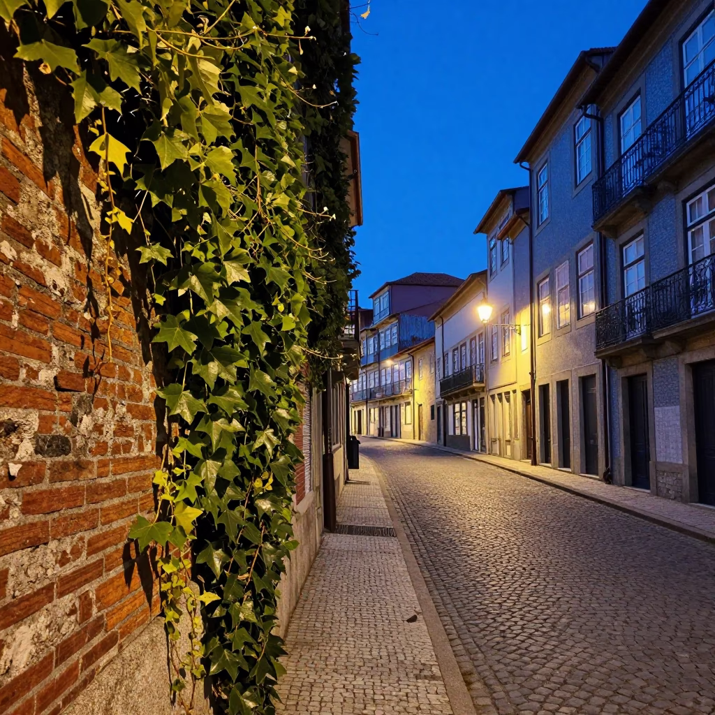 Evening Blue Hour Street Scene in Porto Portugal with Ivy and Brickwork in in Porto, Portugal