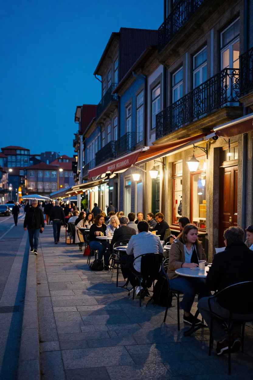 Evening Blue Hour Street Scene in Porto Portugal with Local Dining and Architecture in in Porto, Portugal