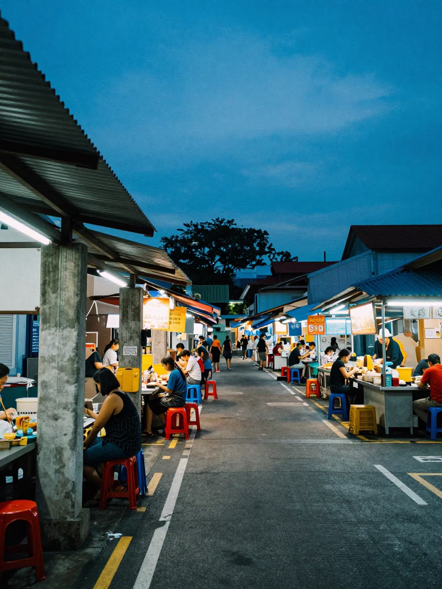 Evening Blue Hour Street Scene in Singapore with Local Food Vendor and Steam in in Singapore, Singapore