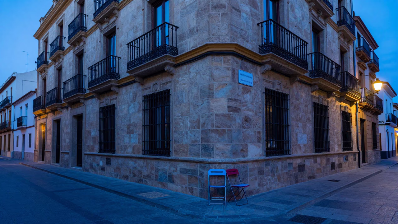 Evening Blue Hour Street Scene in Valencia Spain with Folding Chair and Brooms in in Valencia, Spain