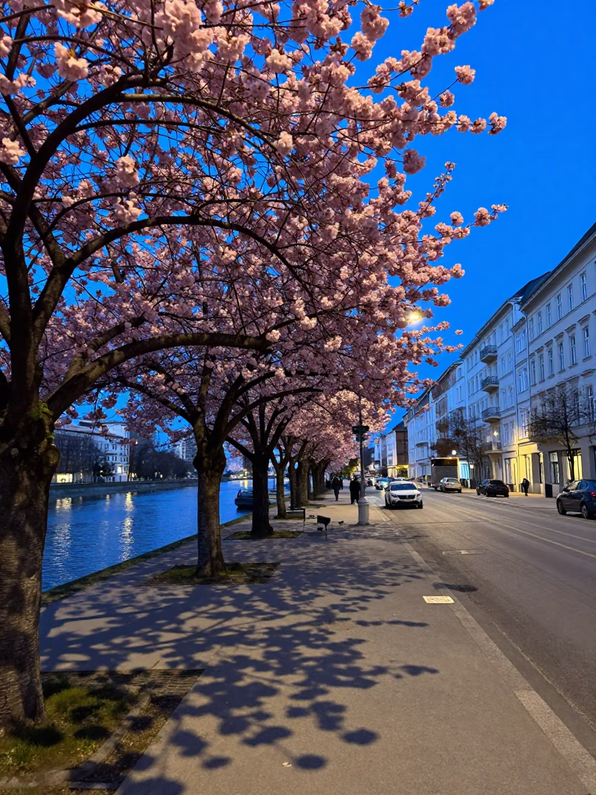 Evening Blue Hour Street Scene in Vienna Austria with Cherry Trees and Canal in in Vienna, Austria
