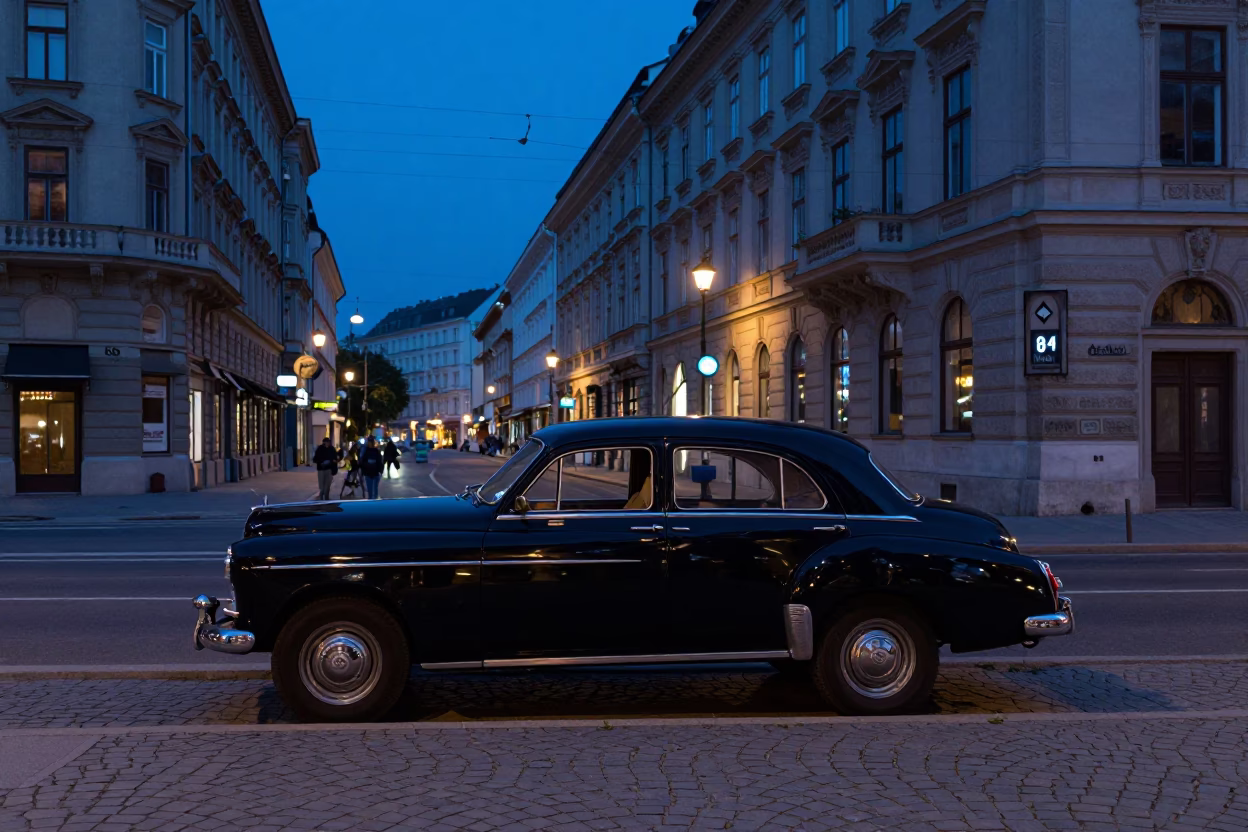 Evening Blue Hour Street Scene in Vienna Austria with Vintage 1950s Architecture in in Vienna, Austria