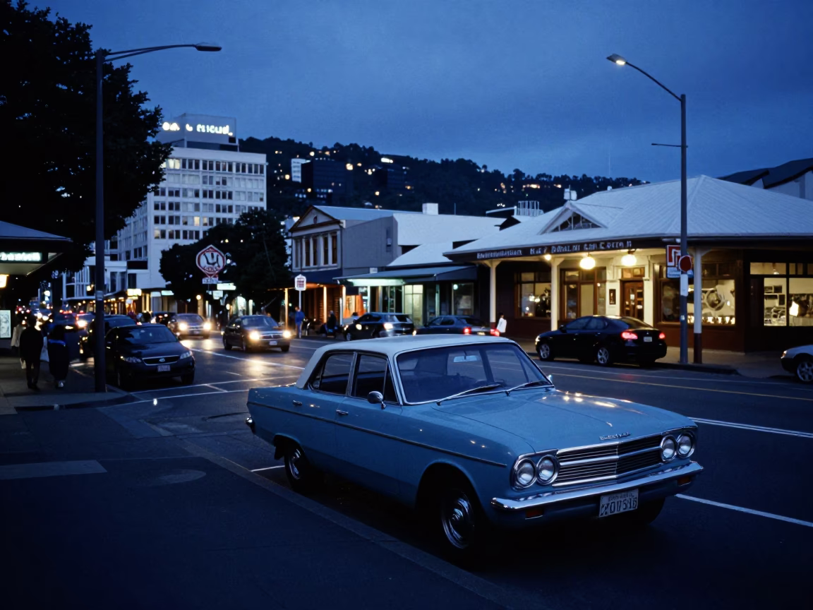 Evening Blue Hour Street Scene in Wellington New Zealand with Vintage Details in in Wellington, New Zealand