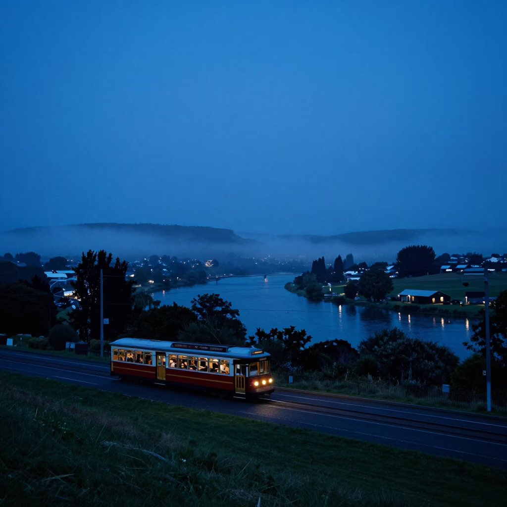 Evening Blue Hour Tramway View Over Christchurch New Zealand Fog Valley in in Christchurch, New Zealand