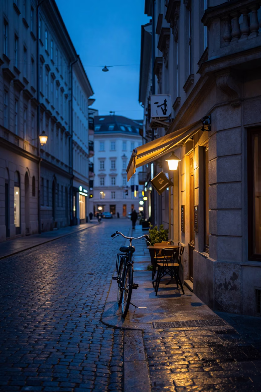 Evening Blue Hour Vienna Street Scene with Bicycle and Historic Architecture in in Vienna, Austria