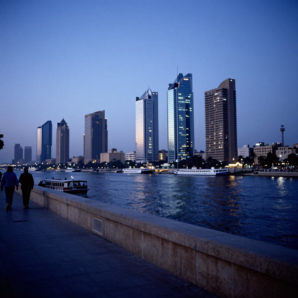 Evening Blue Hour View of Cairo Nile Corniche and Minarets with Street Life in in Cairo, Egypt