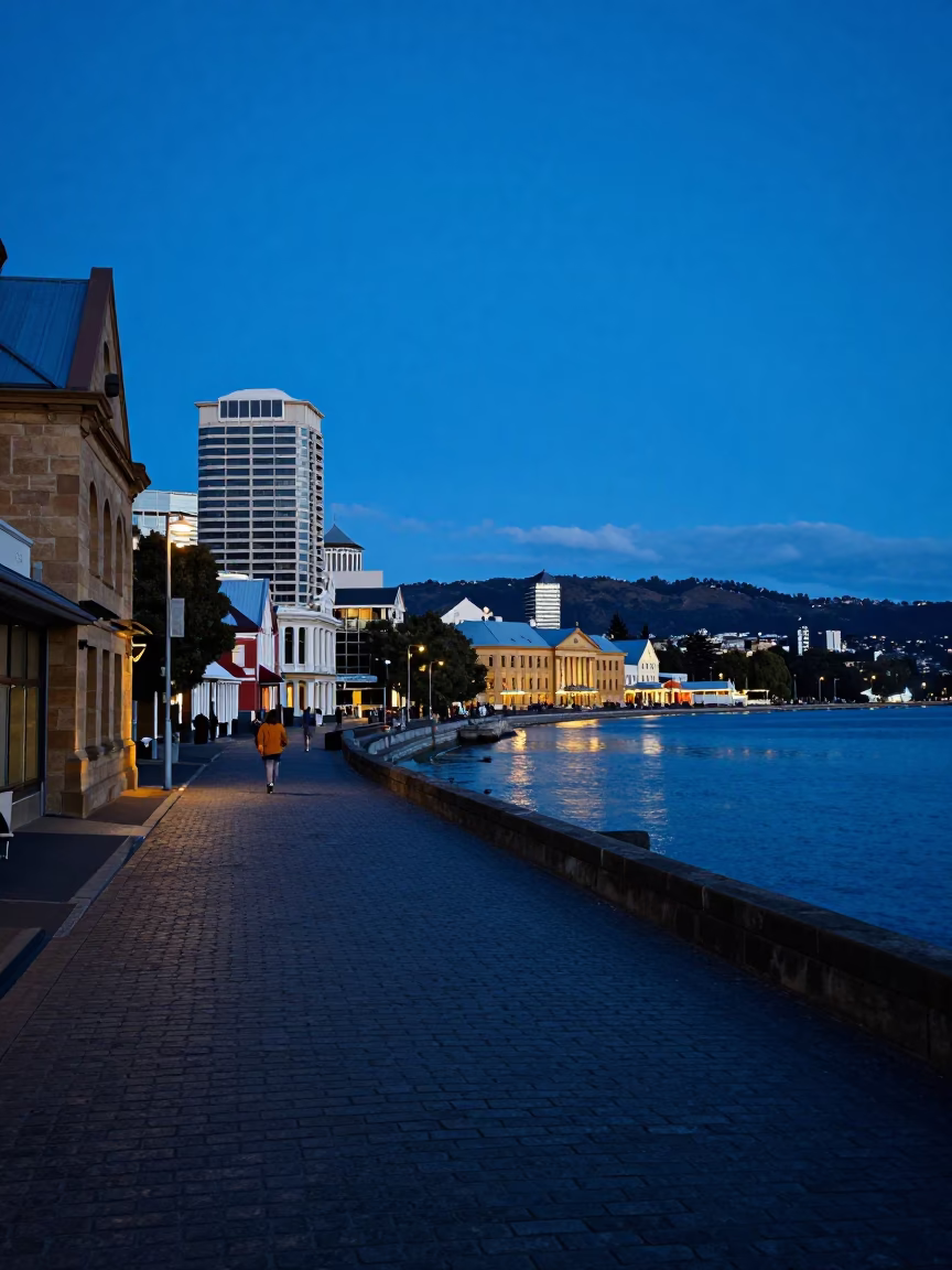 Evening Blue Hour View of Hobart Tasmania Waterfront and Salamanca Place Historic Stone Buildings in in Hobart, Tasmania, Australia