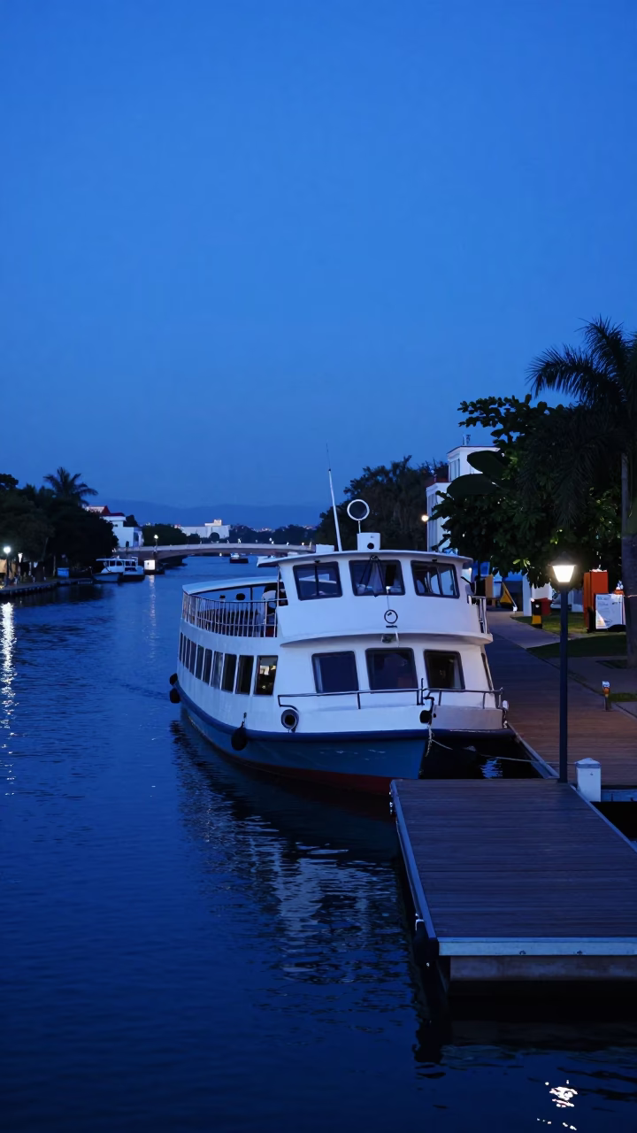 Evening Blue Hour Water Taxi at Merida Canal Dock with Tropical Foliage in in Merida, Mexico