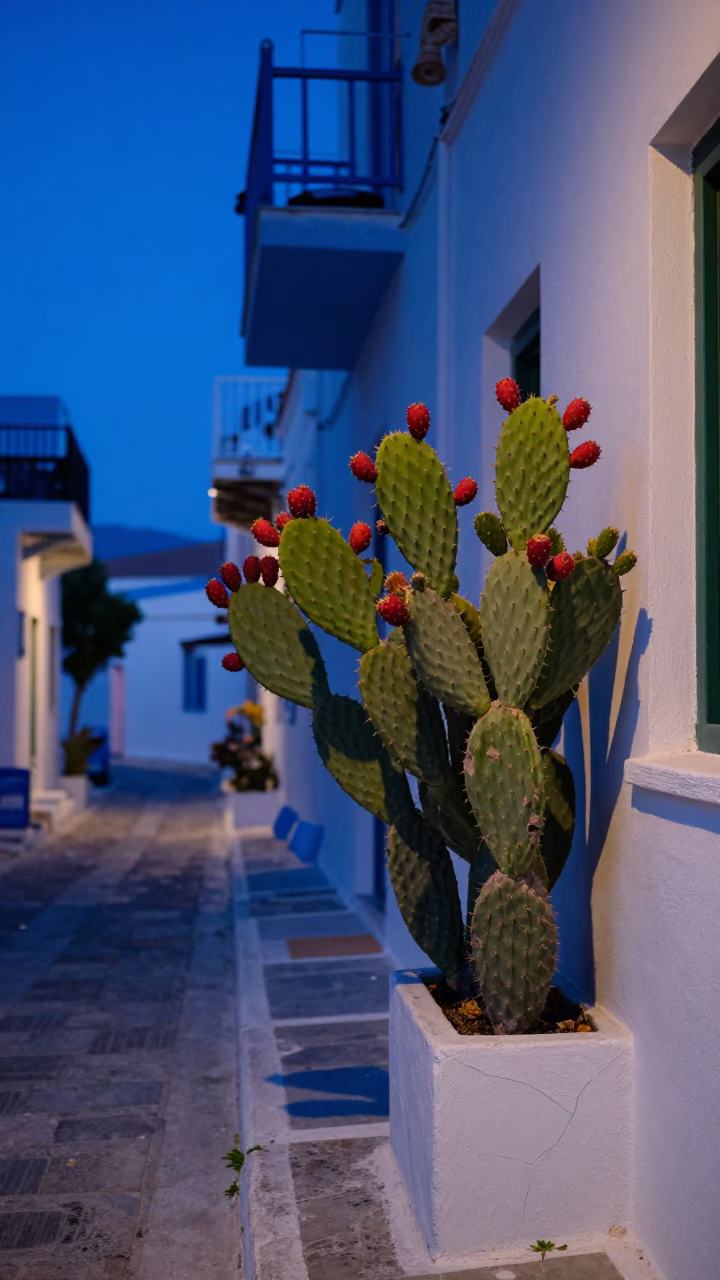 Evening Blue Light Athens Greece Street Scene with Prickly Pear Cactus and Local Life in in Athens, Greece
