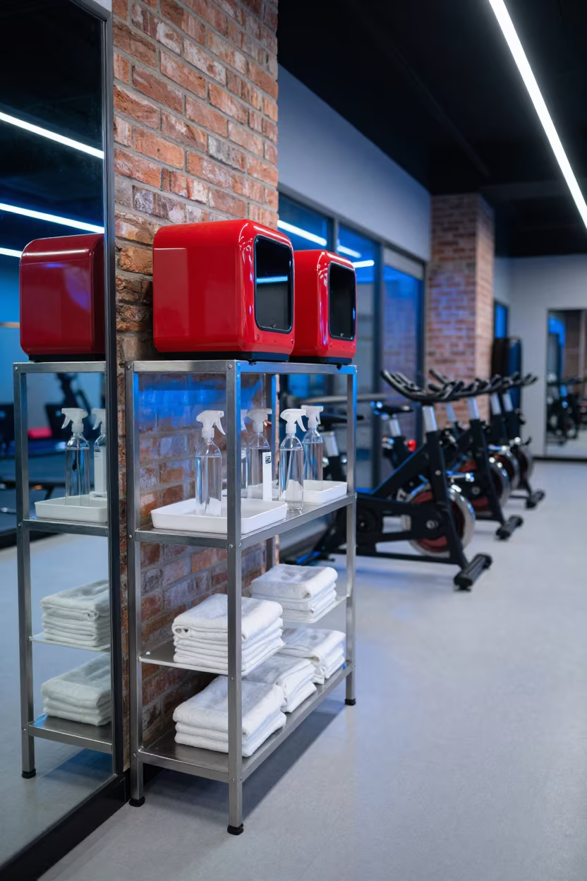 Evening Blue Light on Boxing Station Shelf in inside a spin studio under class lights near Fuzhou