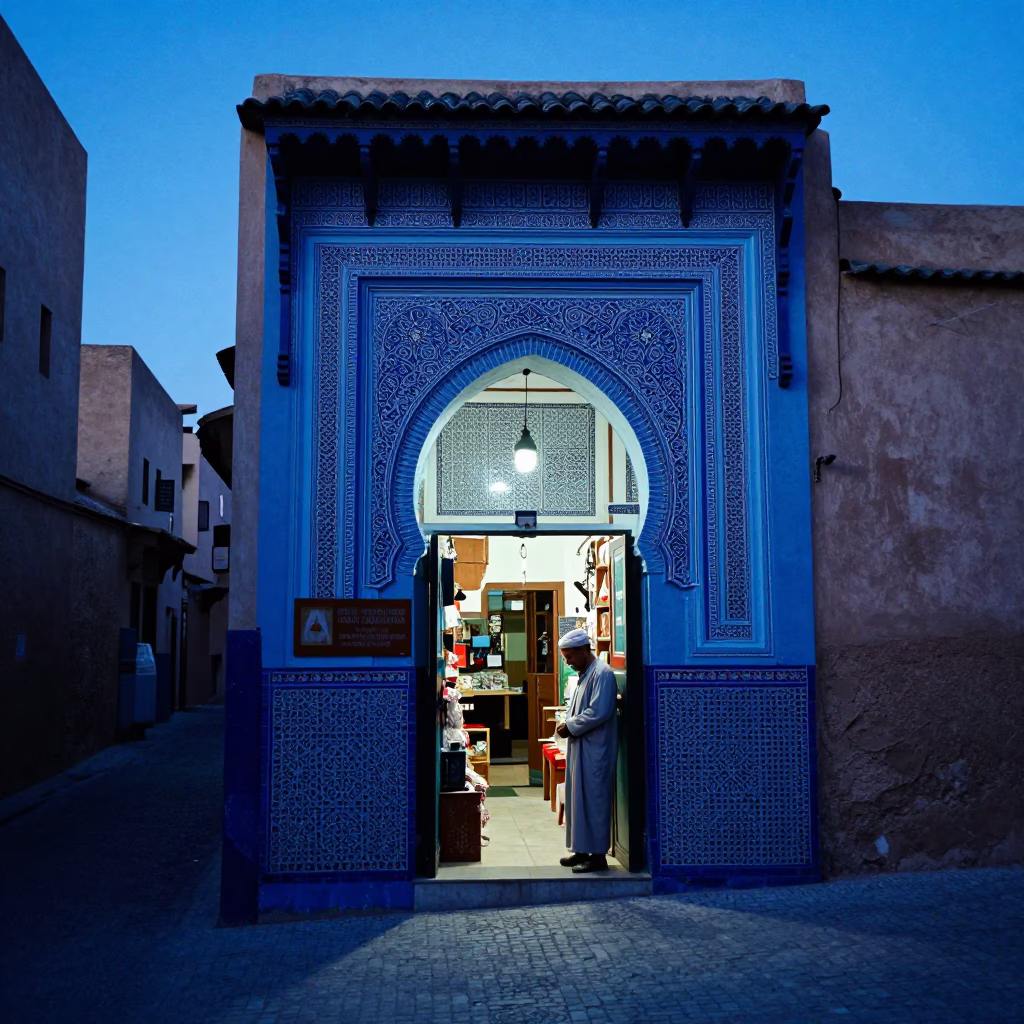 Evening Blue Light Fez Morocco Street Scene with Local Shopkeeper and Houseplants in in Fez, Morocco