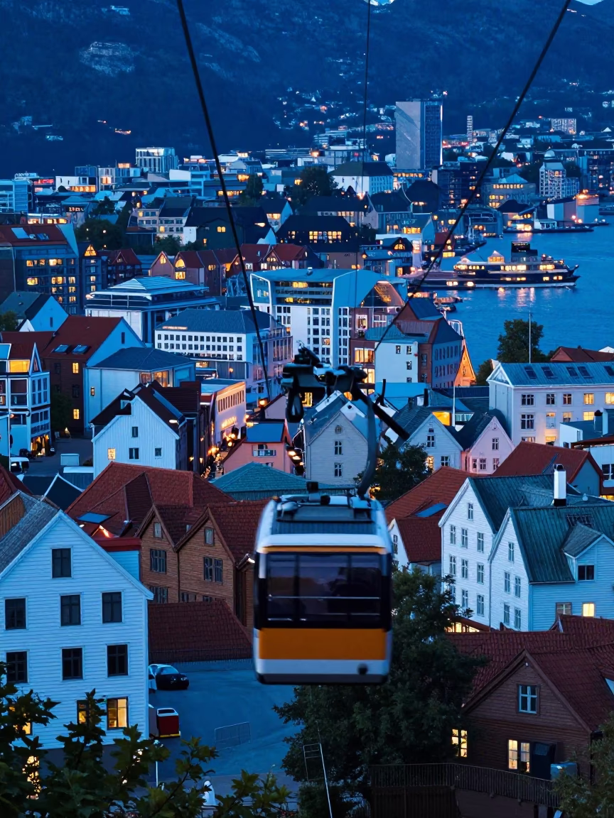 Evening Blue Light in Bergen Norway with Cable Car and Research Vessel in in Bergen, Norway