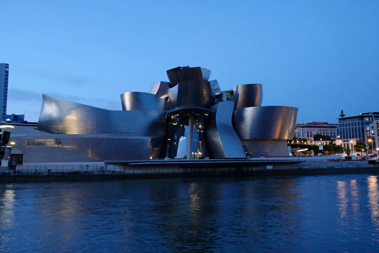 Evening Blue Light in Bilbao Spain with Guggenheim Museum and Nervion River in in Bilbao, Spain
