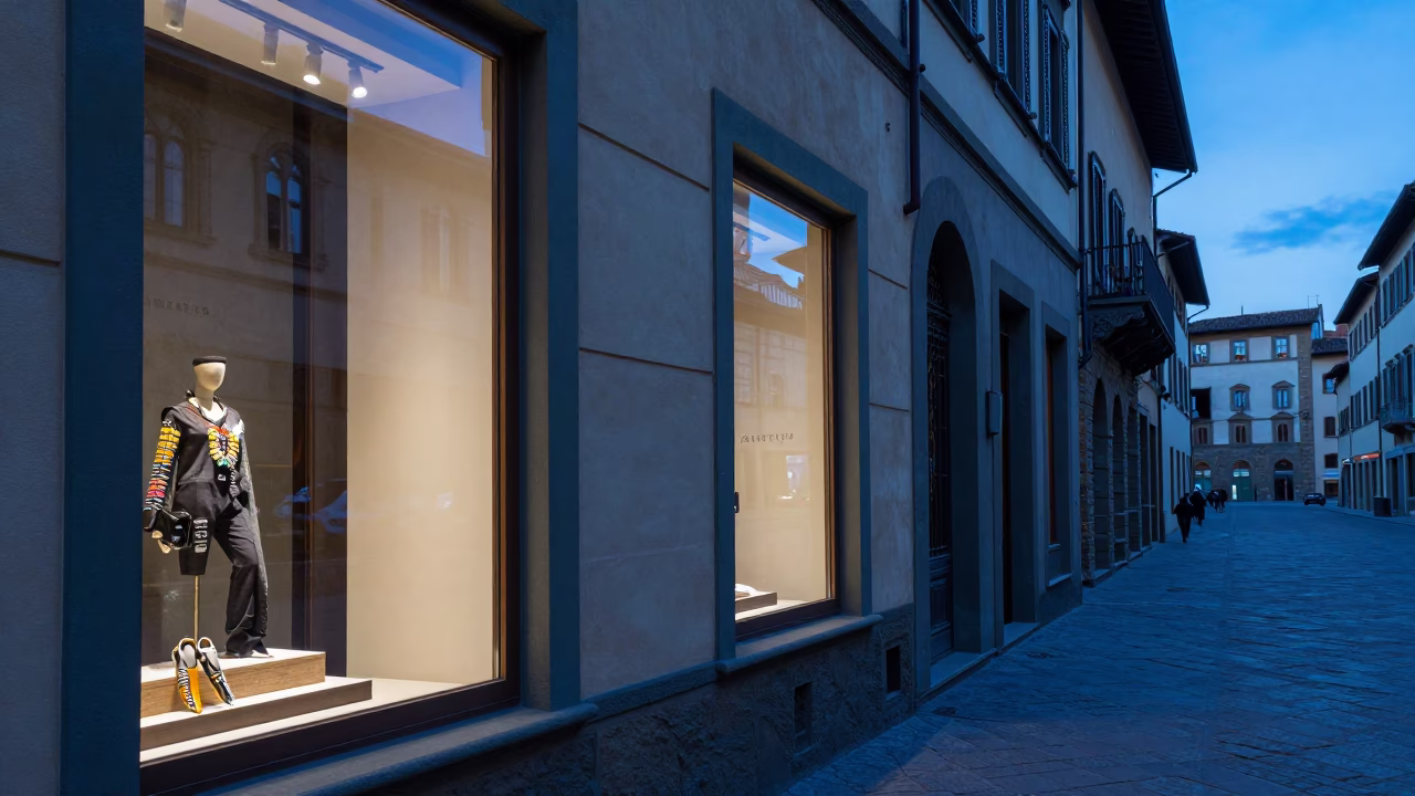 Evening Blue Light in Florence Italy Glazed Ceramic Window Reflection Street Scene in in Florence, Italy