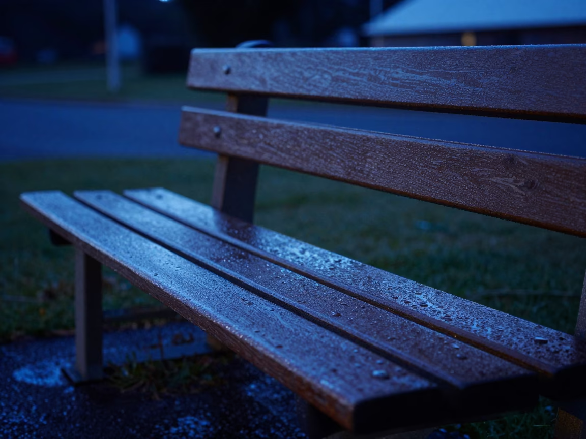 Evening Blue Light in Hobart Tasmania Showing Condensation on Bench and Local Street Scene in in Hobart, Tasmania, Australia