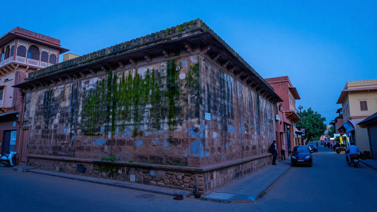 Evening Blue Light in Jaipur India Street Scene with Mossy Stone Wall in in Jaipur, India