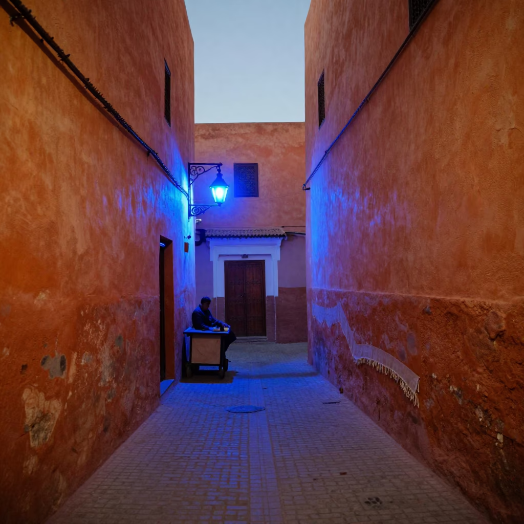 Evening Blue Light in Marrakech Medina Street with Linen Fringe Basin and Local Life in in Marrakech, Morocco