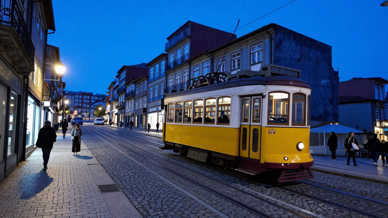 Evening Blue Light in Porto Portugal Street Scene with Vintage Tram and River View in in Porto, Portugal