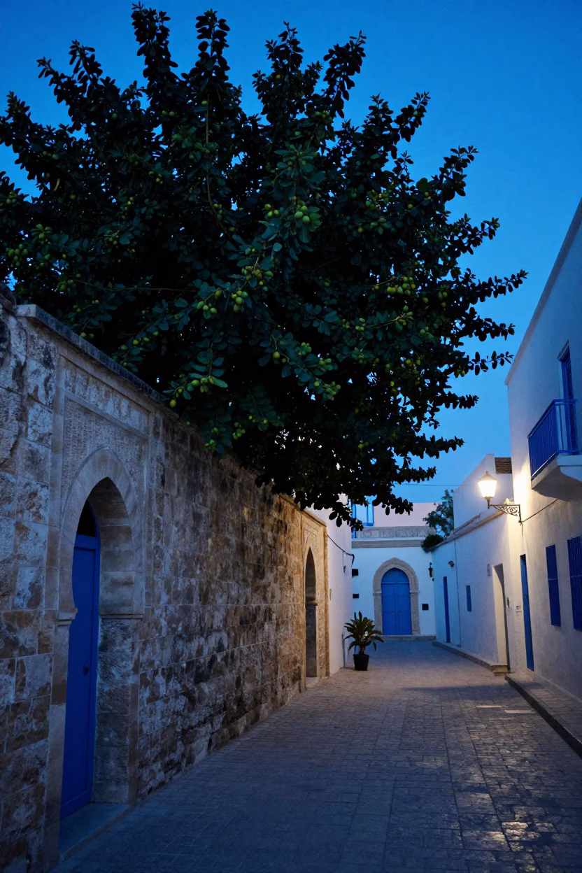 Evening Blue Light in Tunis Tunisia Street Scene with Fig Tree and Steel Rail in in Tunis, Tunisia
