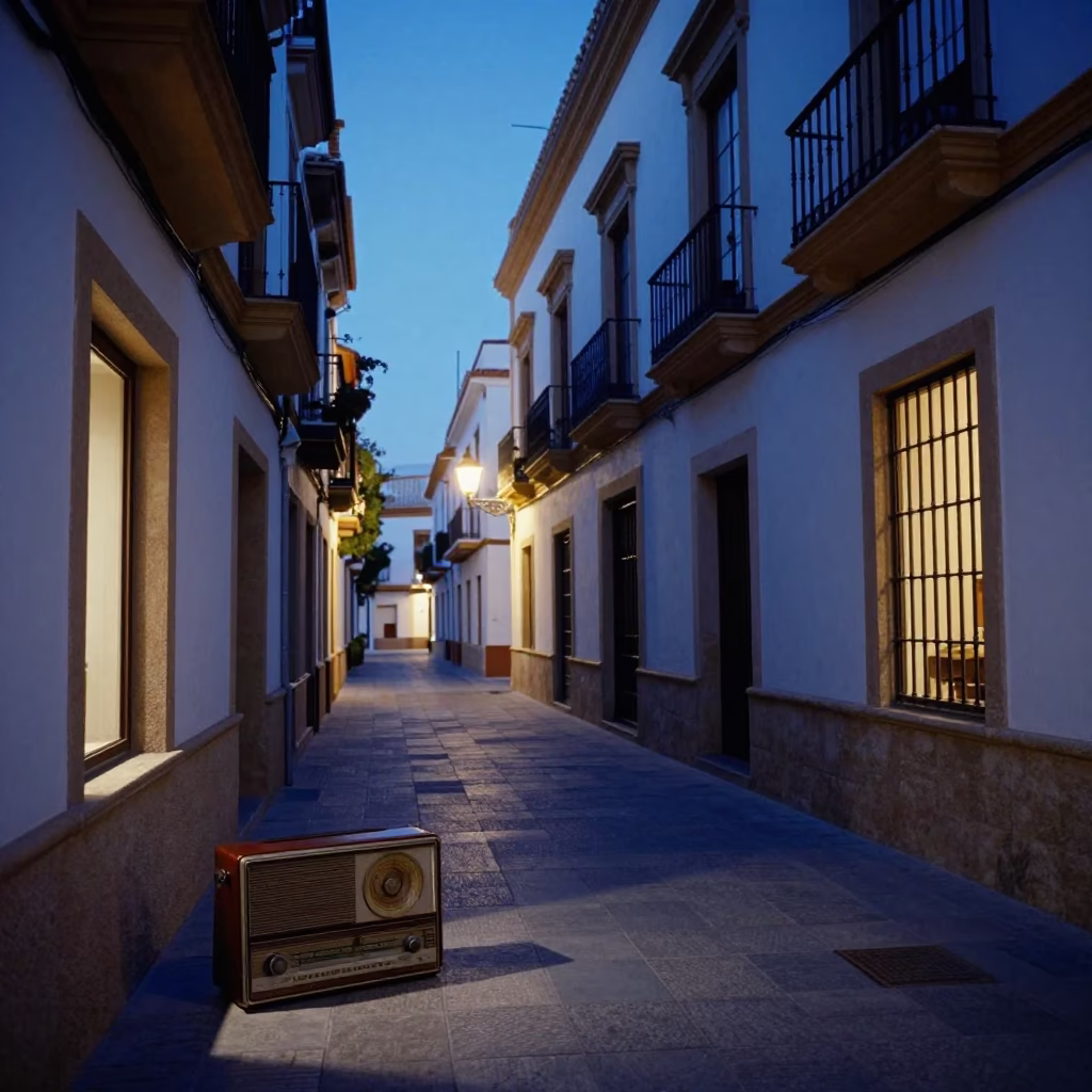 Evening Blue Light in Valencia Spain Street Scene with Vintage Radio and Folding Chair in in Valencia, Spain