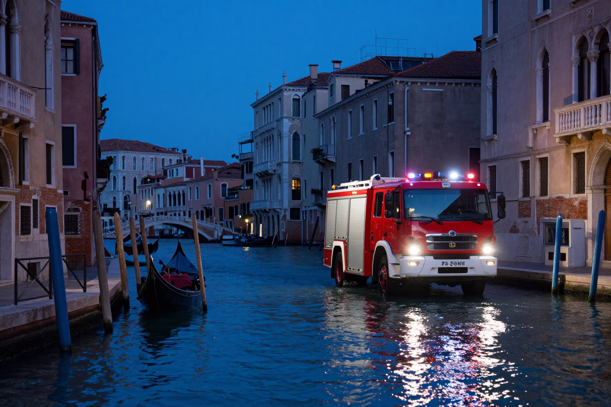 Evening Blue Light in Venice Italy Street Scene with Fire Engine and Local Architecture in in Venice, Italy