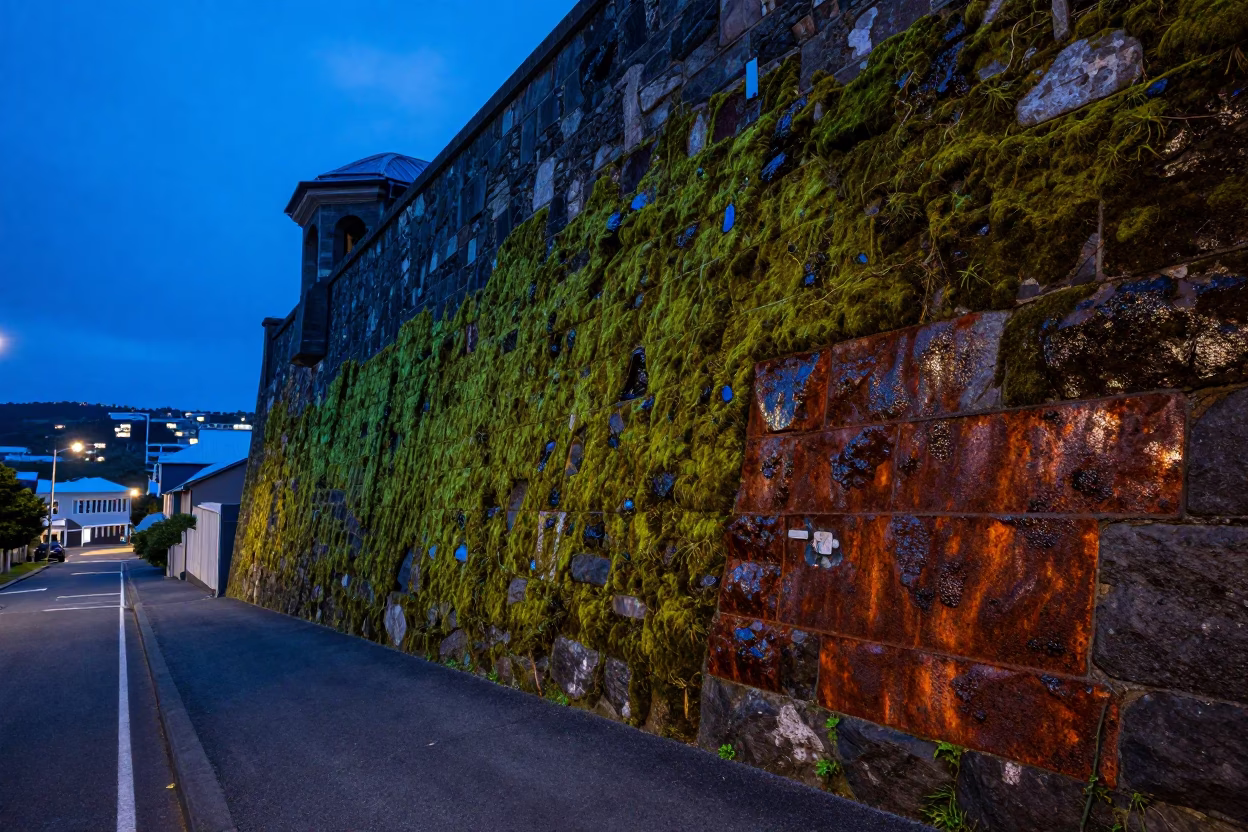 Evening Blue Light in Wellington New Zealand with Moss Wall and Rust in in Wellington, New Zealand