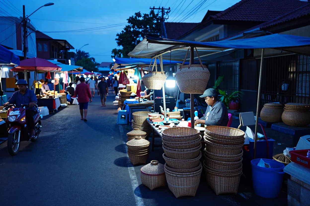 Evening Blue Light in Yogyakarta Street Market with Woven Baskets and Local Commerce in in Yogyakarta, Indonesia