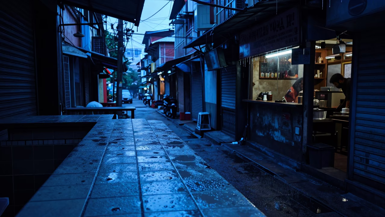 Evening Blue Light Kolkata Street Scene with Condensation on Tiles and Local Life in in Kolkata, India