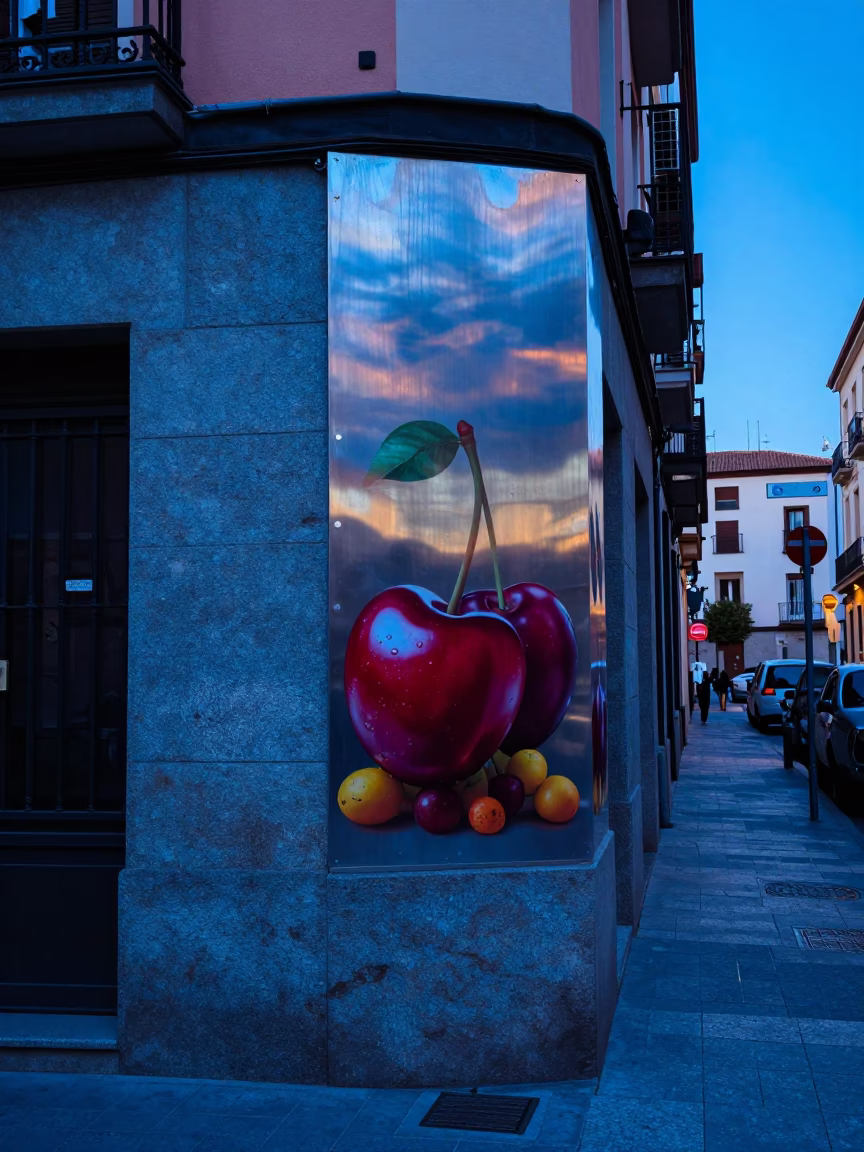 Evening Blue Light Madrid Street Scene with Cherries and Brushed Steel in in Madrid, Spain