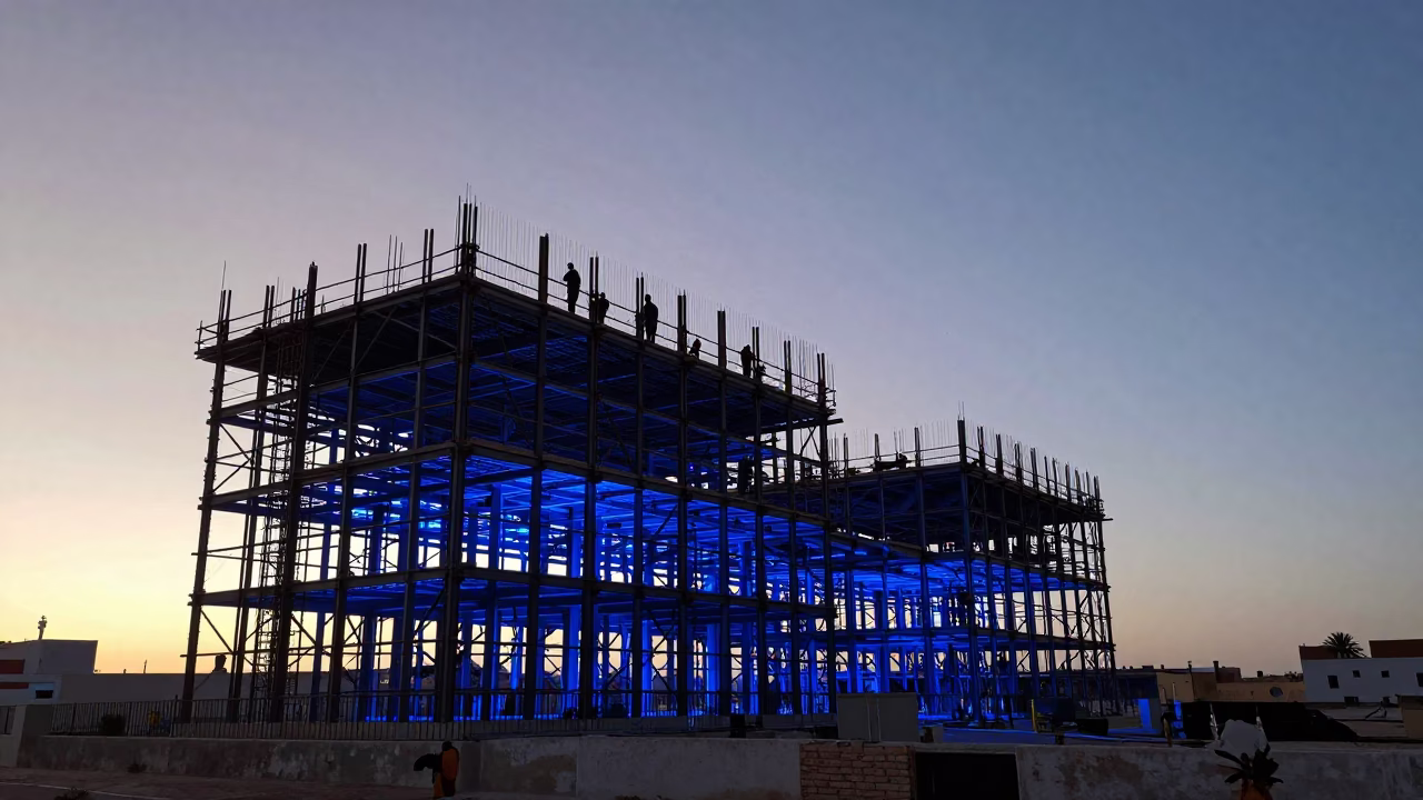 Evening Blue Light on Essaouira Skyscraper Construction Site with Tea Kettle in in Essaouira, Morocco
