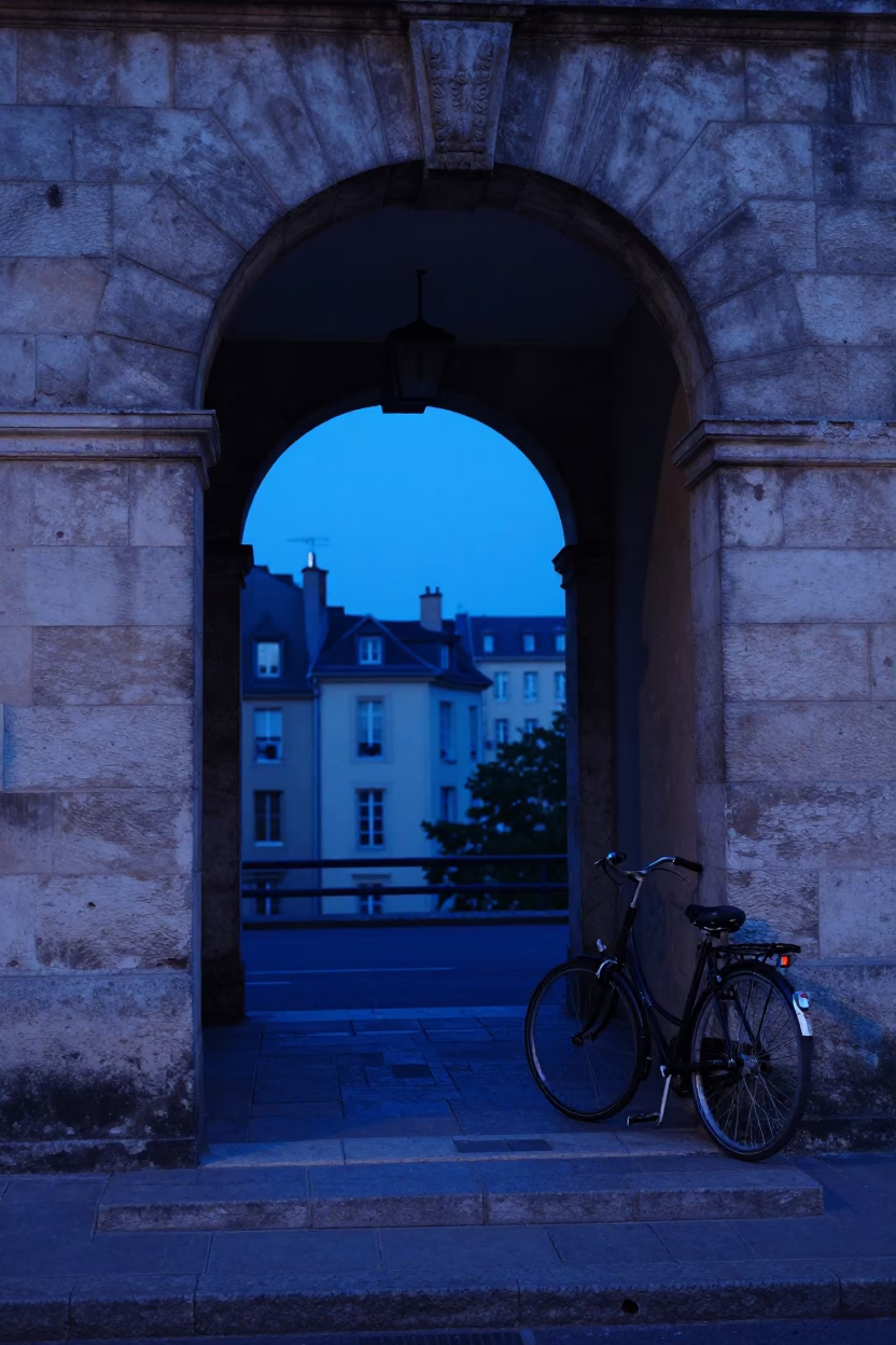 Evening Blue Light on Lyon Traboule Archway with Bicycle and Street Details in in Lyon, France