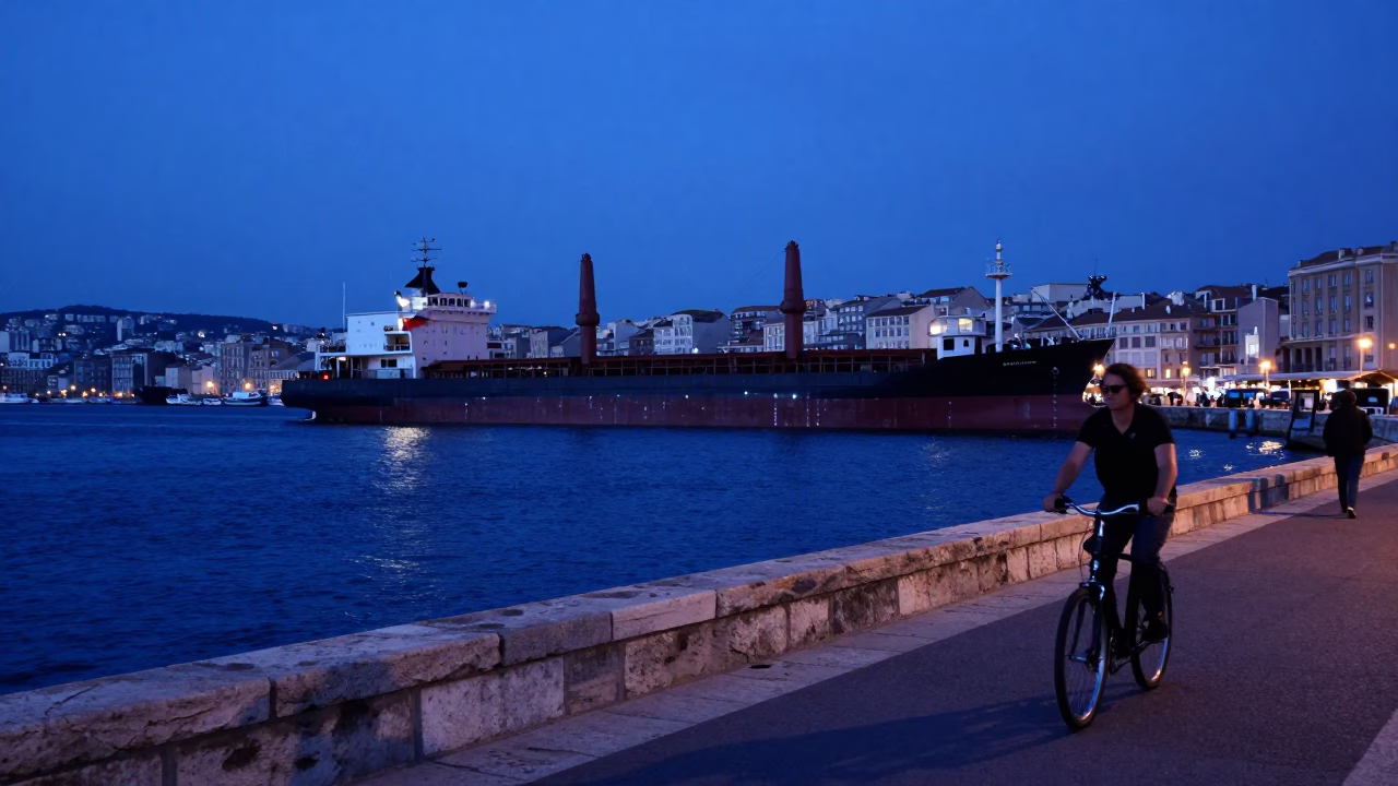 Evening Blue Light on Marseille Old Port with Cargo Bicycle and Dandelion Seed Head in in Marseille, France
