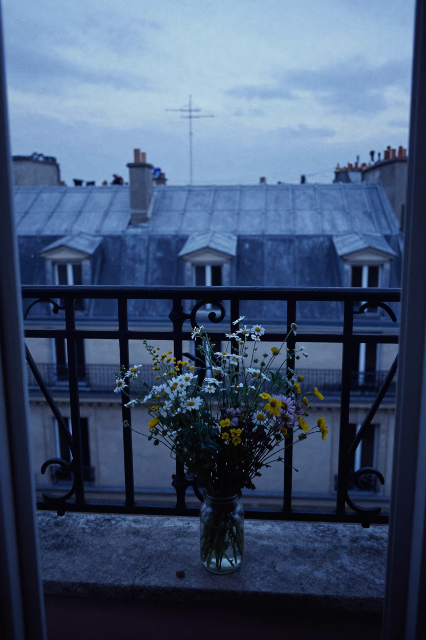 Evening Blue Light on Parisian Balcony with Wildflowers and Rustic Carafe in in Paris, France