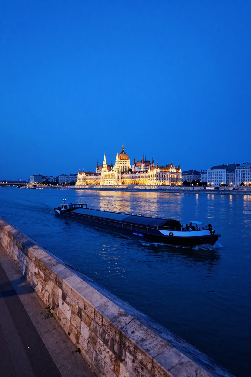 Evening Blue Light on the Danube Promenade with Cargo Barge and Urban Details in in Budapest, Hungary