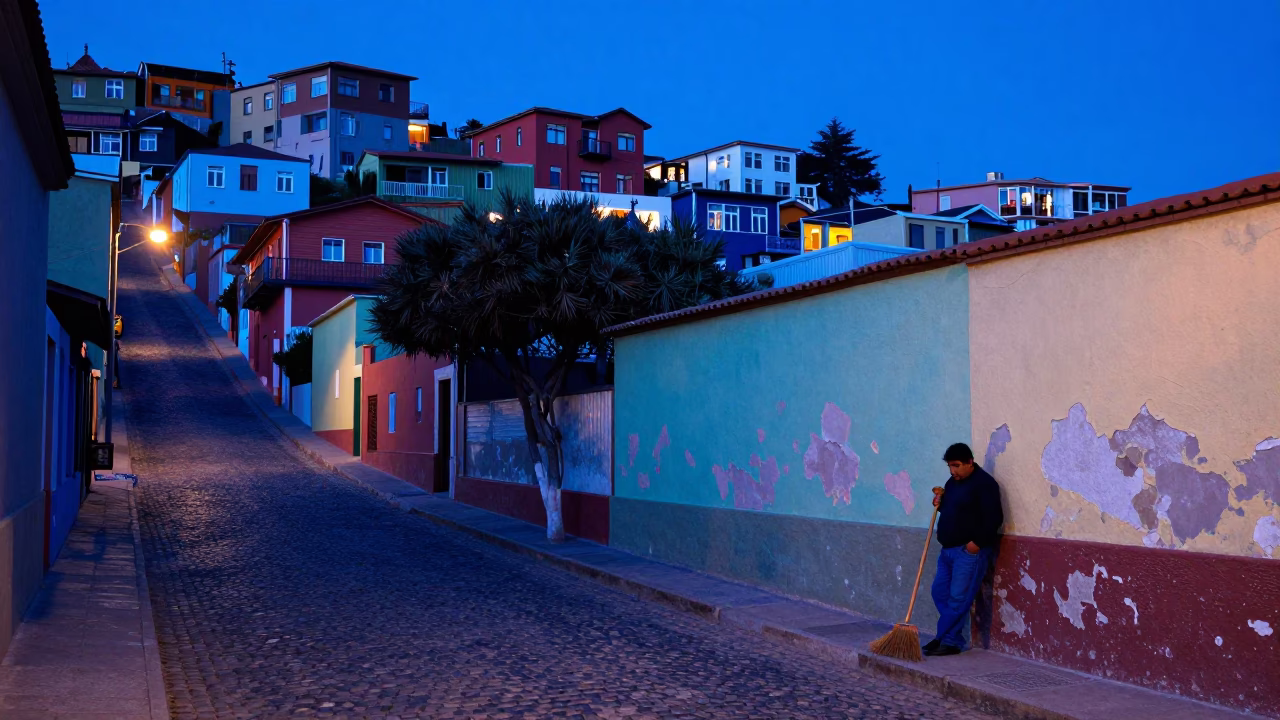 Evening Blue Light on Valparaiso Hillside with Broom and Street Lamp in in Valparaiso, Chile