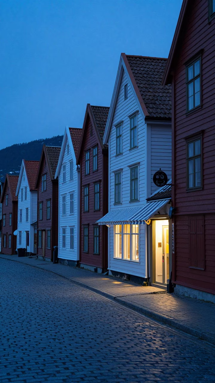 Evening blue light over Bergen Norway cobblestone streets and historic Bryghan wharf in in Bergen, Norway