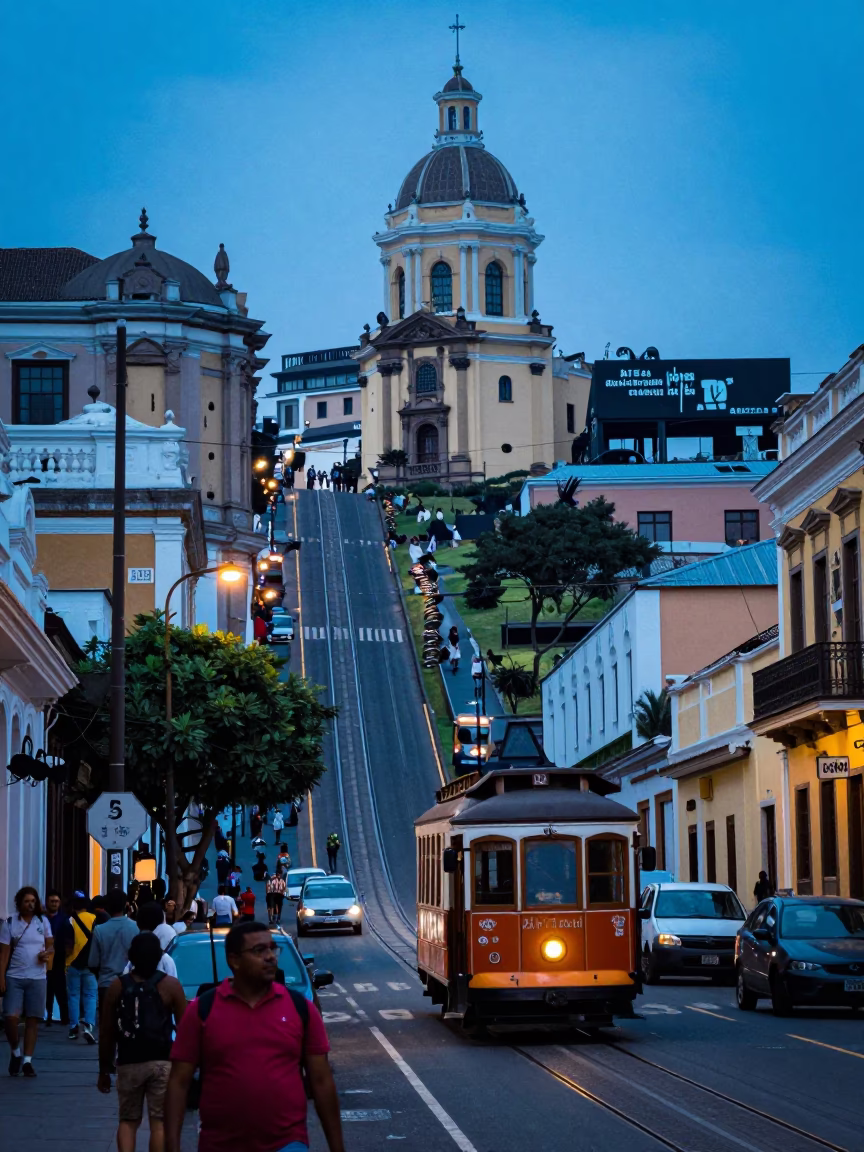 Evening Blue Light Over Lima Peruvian Street Scene with Tram and Coastal Architecture in in Lima, Peru