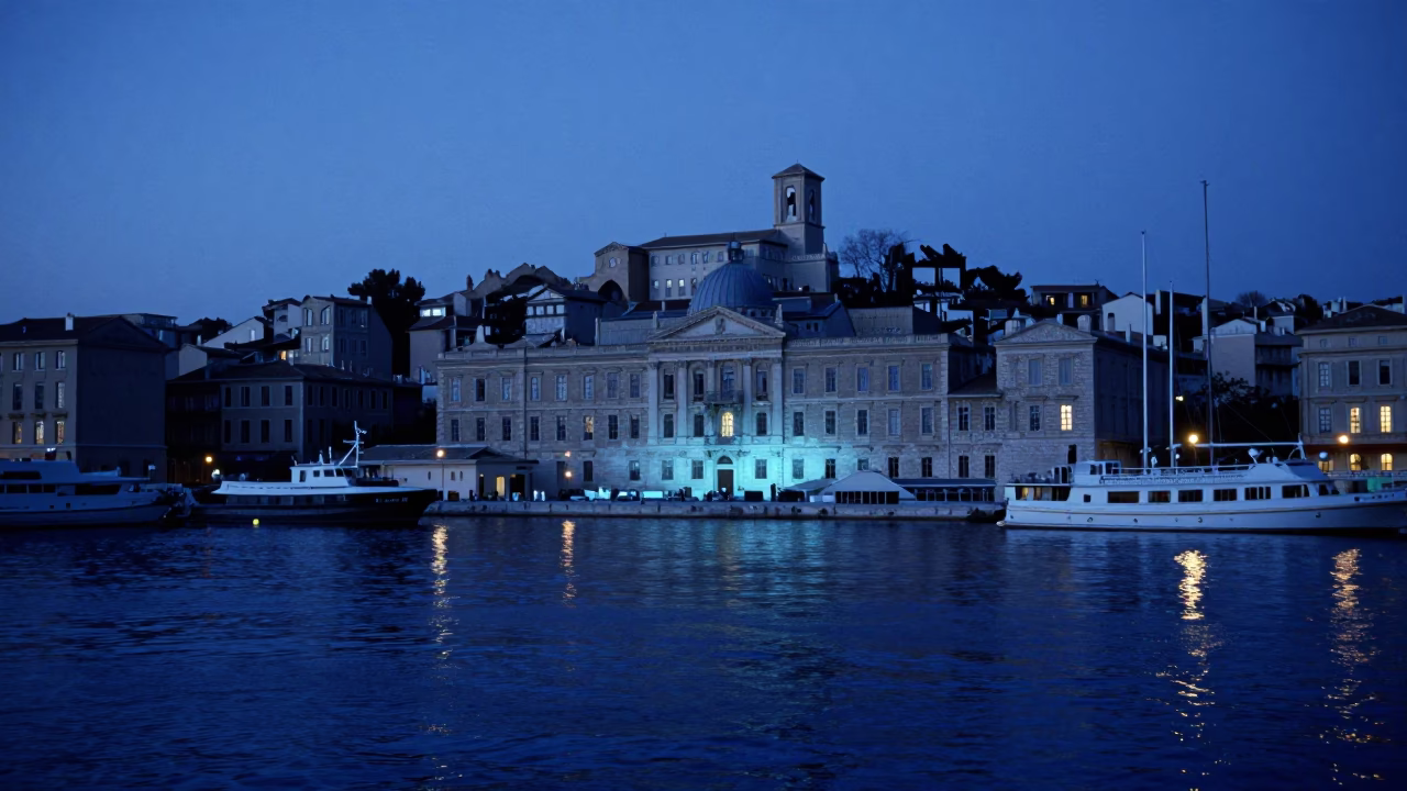 Evening Blue Light Over Marseille Old Port Historic Architecture and Water Reflections in in Marseille, France