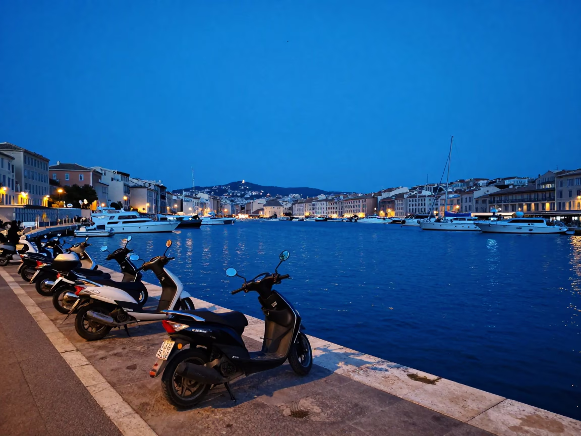 Evening Blue Light Over Marseille Vieux Port With Distant Cargo Ship Horizon in in Marseille, France