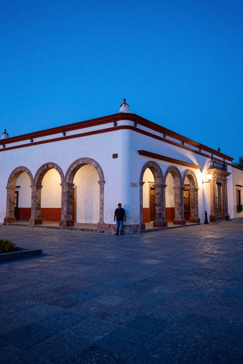 Evening Blue Light Over Merida Mexico Plaza Street Scene with Local Life in in Merida, Mexico